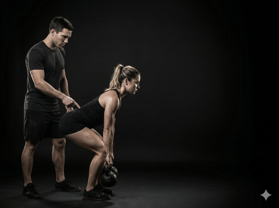 A Retraine coach assessing a member through a kettlebell deadlift in the Pickering studio.